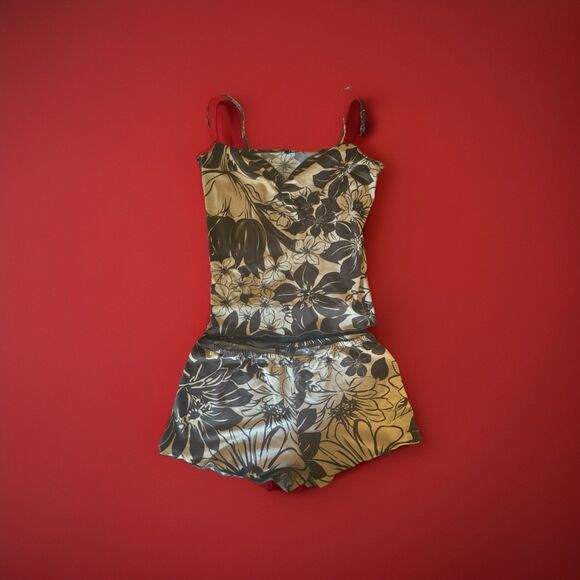 Rue 21 Silky Pajama Set. Beige & Brown Floral. Tank Top w/ Shorts Small - Picture 2 of 14